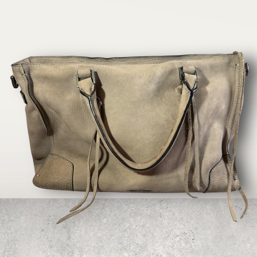 Rebecca Minkoff Regan‎ Taupe Leather Fringe Tote Bag Satchel Handbag Purse